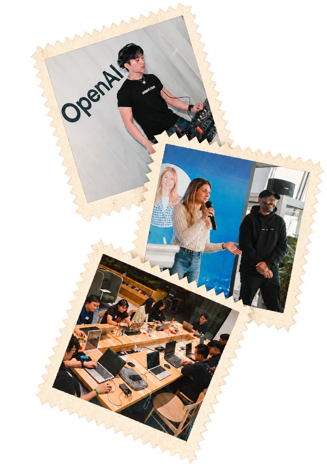 AttentionX events as stamps: a DJ set at OpenAI, a talk on stage, and a hackathon