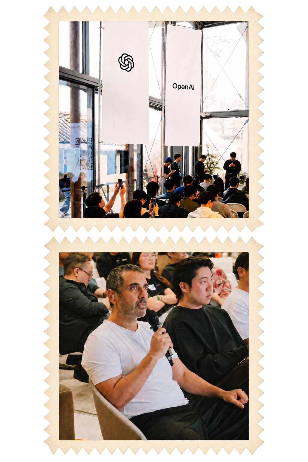 AttentionX events as stamps: a packed room under OpenAI banners, and a guest asking a question